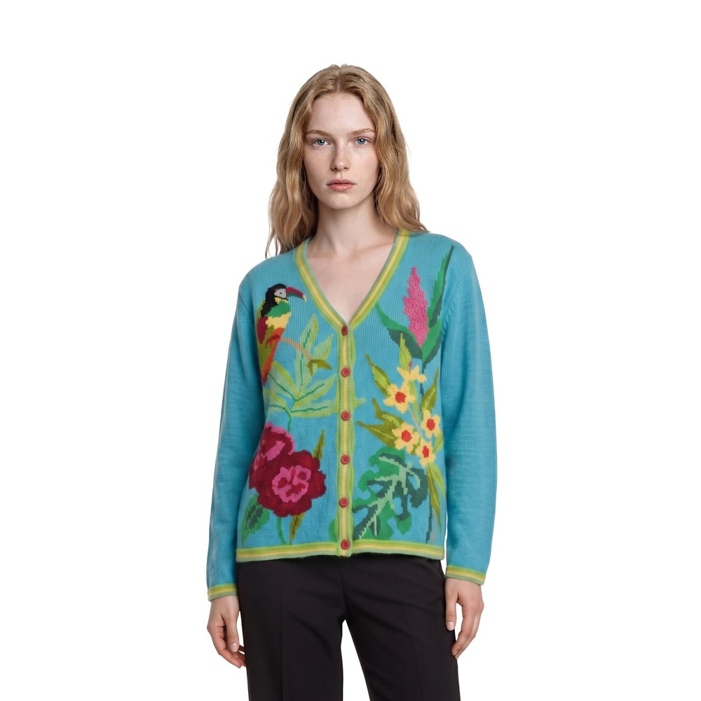 Storybook Knits Cardigan Sweater Womens Size 1X Turquoise Parrot Floral Handknit